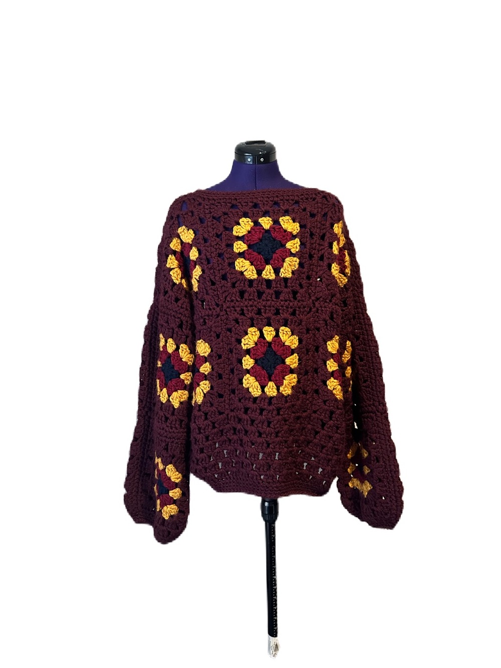 Vintage Maroon Boho Granny Square Chunky Knit Oversized Bell Sleeve Sweater